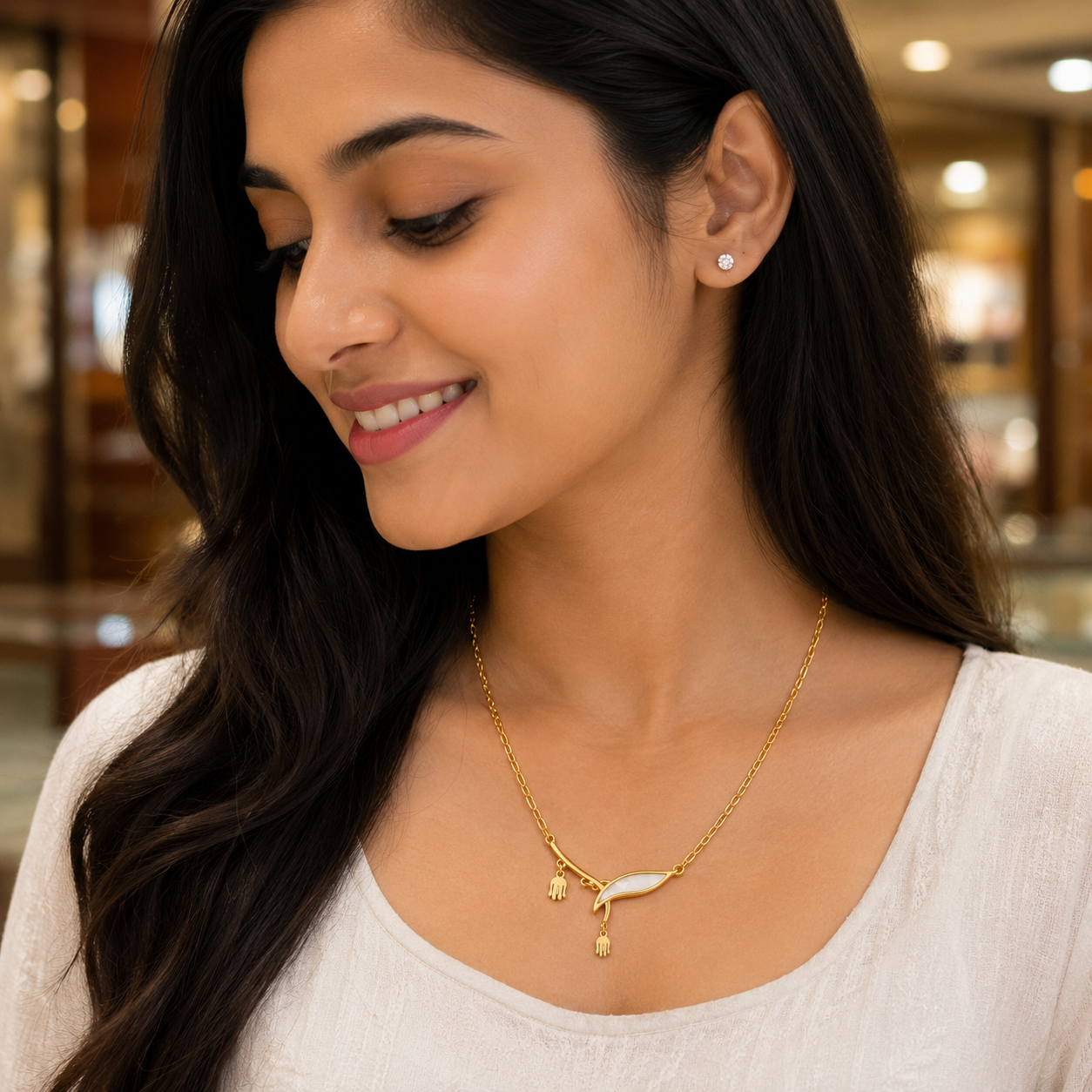 Ivory Leaf Hamsa Charm Necklace